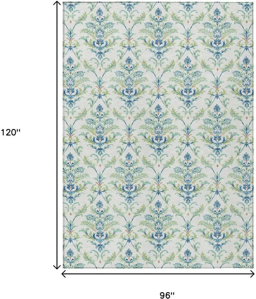 Artichoke Green Ivory And Blue Damask Washable Indoor Outdoor Area Rug Photo 3
