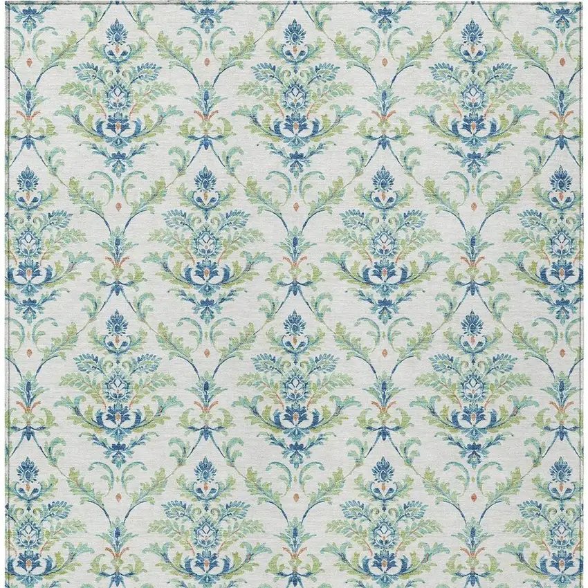 Artichoke Green Ivory And Blue Damask Washable Indoor Outdoor Area Rug Photo 4