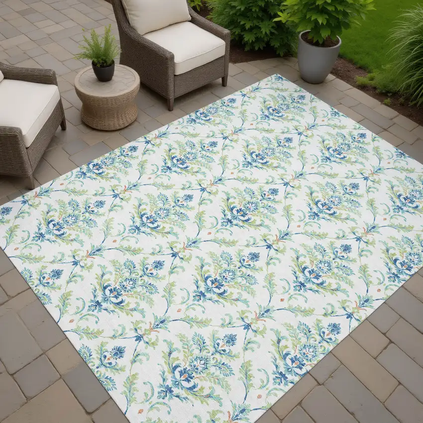 Artichoke Green Ivory And Blue Damask Washable Indoor Outdoor Area Rug Photo 7
