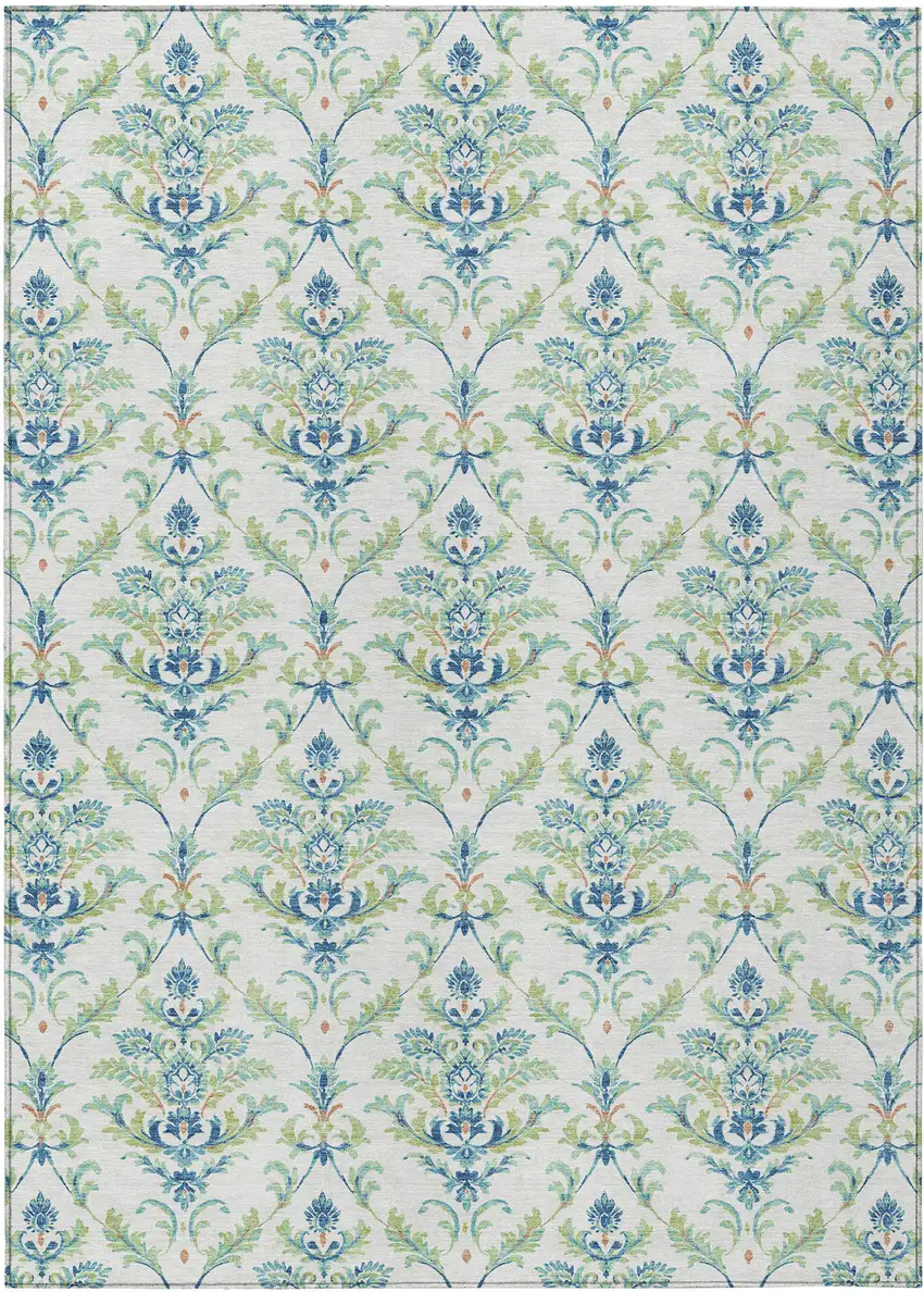 Artichoke Green Ivory And Blue Damask Washable Indoor Outdoor Area Rug Photo 2