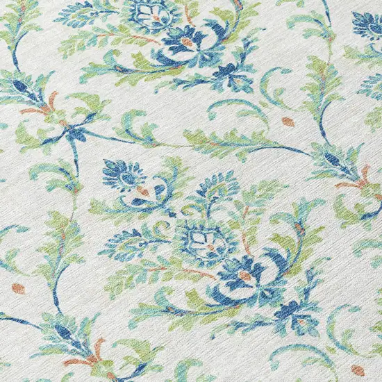 Artichoke Green Ivory And Blue Damask Washable Indoor Outdoor Area Rug Photo 8