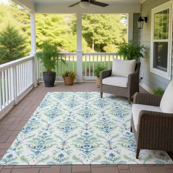 Artichoke Green Ivory And Blue Damask Washable Indoor Outdoor Area Rug Photo 9