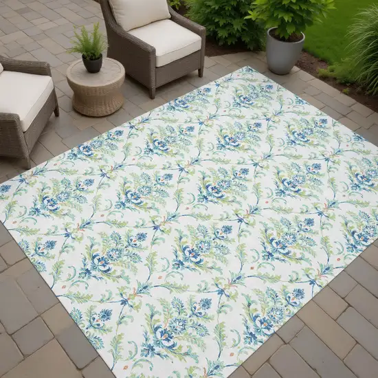 Artichoke Green Ivory And Blue Damask Washable Indoor Outdoor Area Rug Photo 7