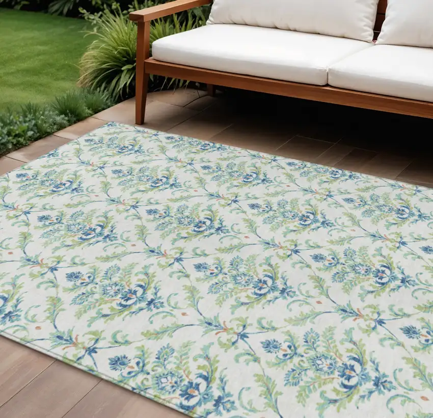 Artichoke Green Ivory And Blue Damask Washable Indoor Outdoor Area Rug Photo 1