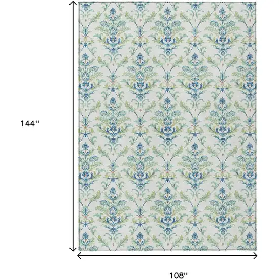 Artichoke Green Ivory And Blue Damask Washable Indoor Outdoor Area Rug Photo 3