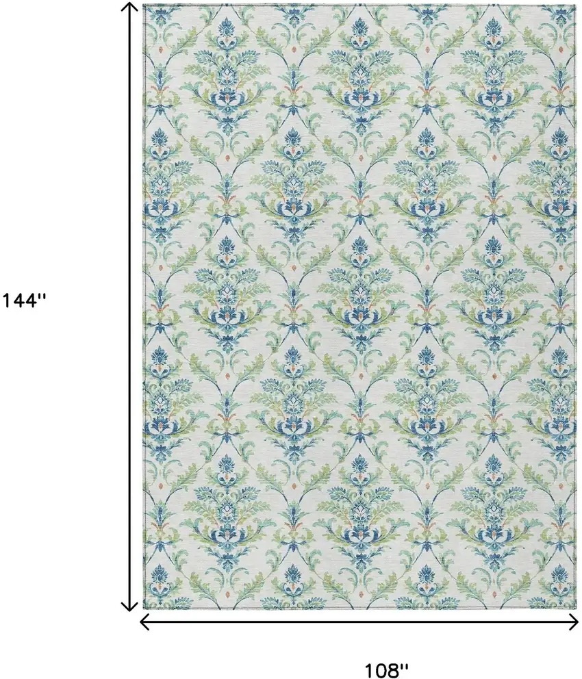 Artichoke Green Ivory And Blue Damask Washable Indoor Outdoor Area Rug Photo 3