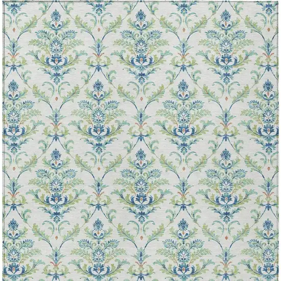 Artichoke Green Ivory And Blue Damask Washable Indoor Outdoor Area Rug Photo 5