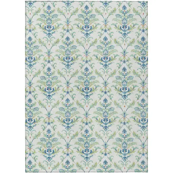 Artichoke Green Ivory And Blue Damask Washable Indoor Outdoor Area Rug Photo 2
