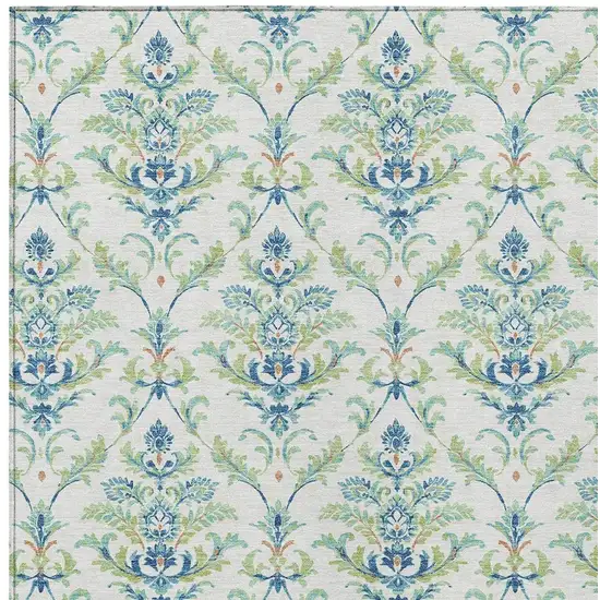 Artichoke Green Ivory And Blue Damask Washable Indoor Outdoor Area Rug Photo 4