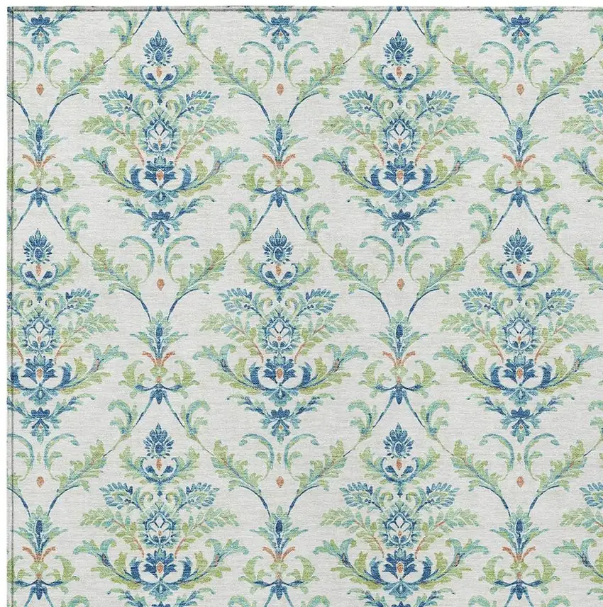 Artichoke Green Ivory And Blue Damask Washable Indoor Outdoor Area Rug Photo 4