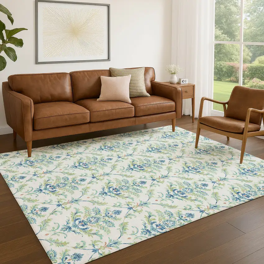 Artichoke Green Ivory And Blue Damask Washable Indoor Outdoor Area Rug Photo 9