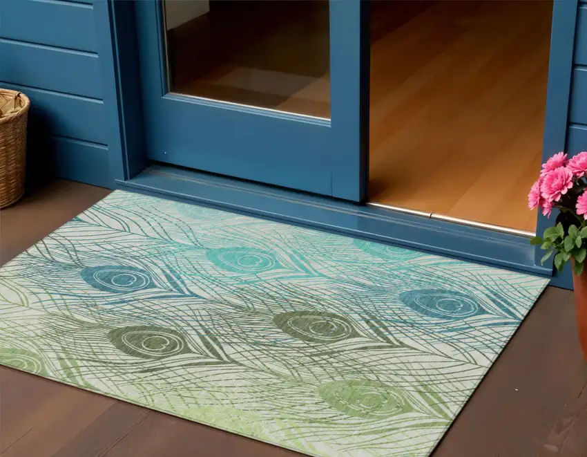 Artichoke Green Ivory And Blue Floral Washable Indoor Outdoor Area Rug Photo 1