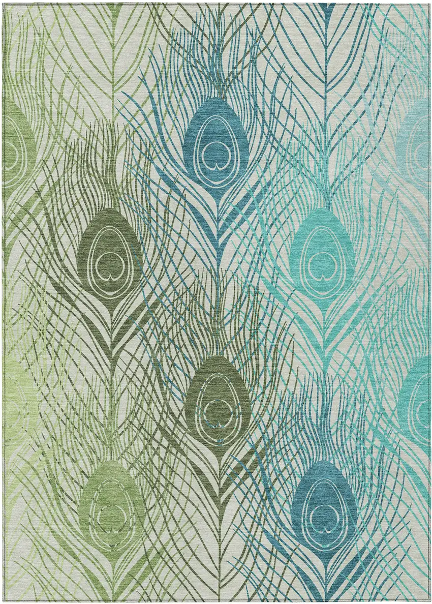 Artichoke Green Ivory And Blue Floral Washable Indoor Outdoor Area Rug Photo 2