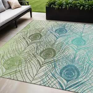 Photo of Artichoke Green Ivory And Blue Floral Washable Indoor Outdoor Area Rug