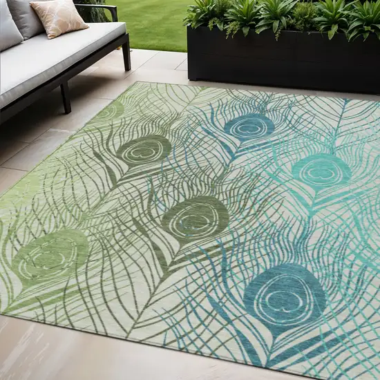 Artichoke Green Ivory And Blue Floral Washable Indoor Outdoor Area Rug Photo 1