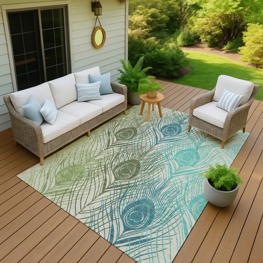 Artichoke Green Ivory And Blue Floral Washable Indoor Outdoor Area Rug Photo 9