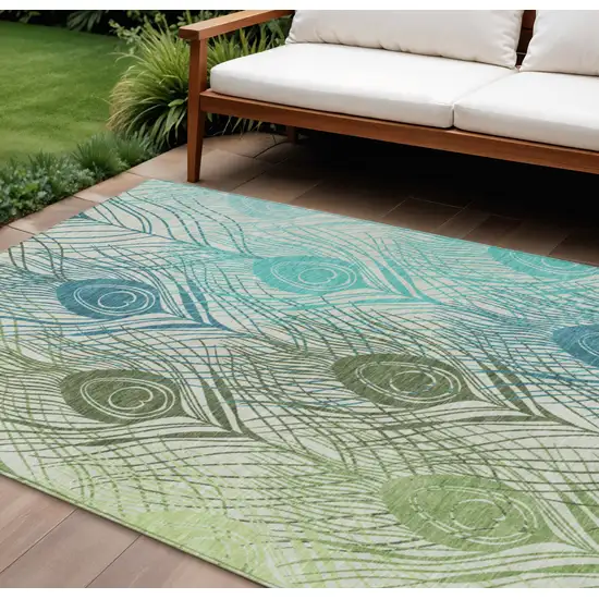 Artichoke Green Ivory And Blue Floral Washable Indoor Outdoor Area Rug Photo 1