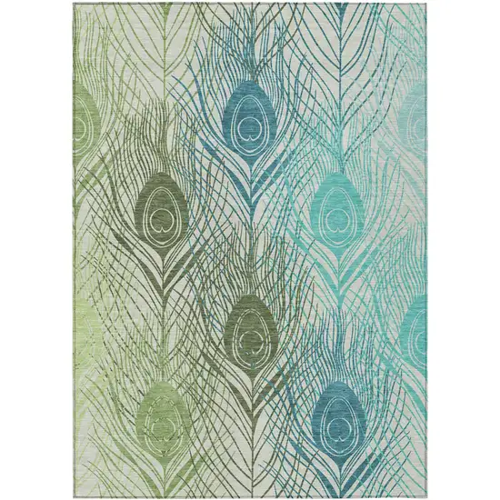 Artichoke Green Ivory And Blue Floral Washable Indoor Outdoor Area Rug Photo 2