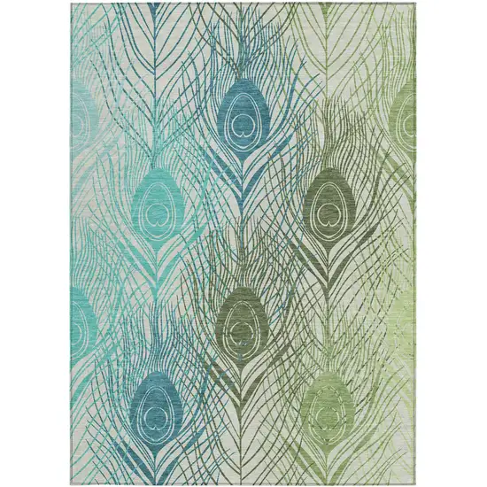 Artichoke Green Ivory And Blue Floral Washable Indoor Outdoor Area Rug Photo 5
