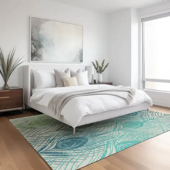 Artichoke Green Ivory And Blue Floral Washable Indoor Outdoor Area Rug Photo 9