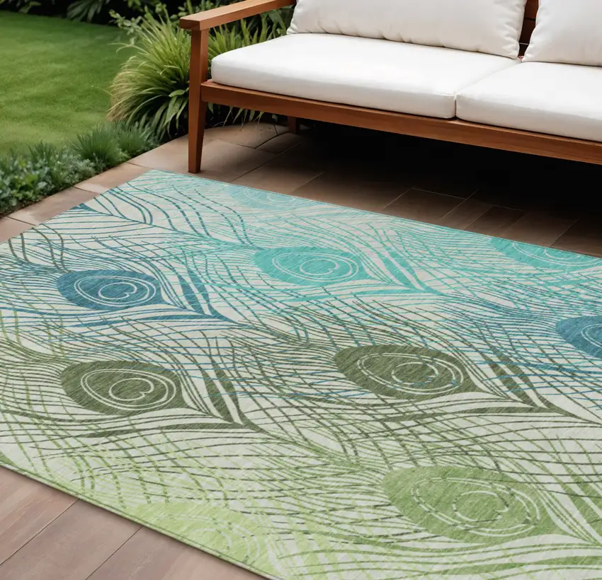 Artichoke Green Ivory And Blue Floral Washable Indoor Outdoor Area Rug Photo 1