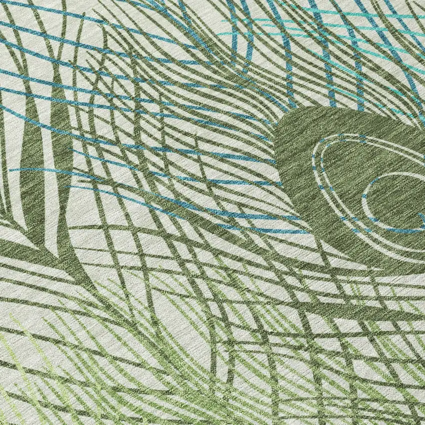 Artichoke Green Ivory And Blue Floral Washable Indoor Outdoor Area Rug Photo 7