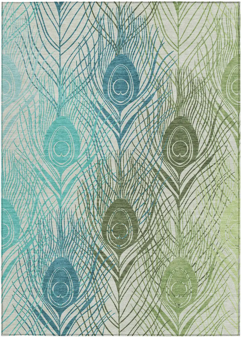 Artichoke Green Ivory And Blue Floral Washable Indoor Outdoor Area Rug Photo 5