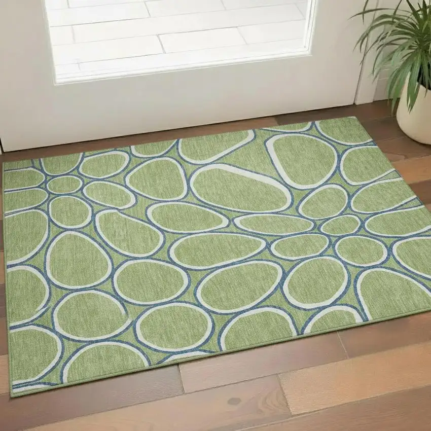 Artichoke Green Ivory And Blue Geometric Washable Area Rug With UV Protection Photo 2
