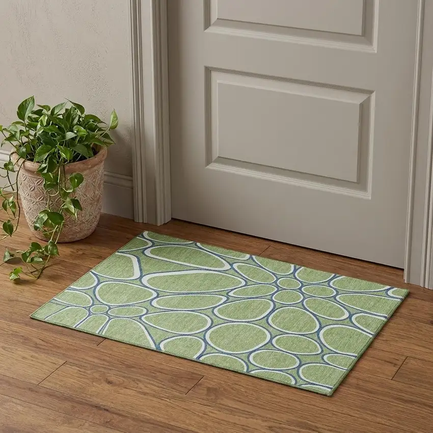 Artichoke Green Ivory And Blue Geometric Washable Area Rug With UV Protection Photo 1
