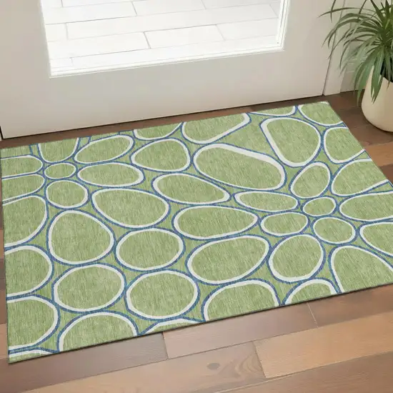 Artichoke Green Ivory And Blue Geometric Washable Area Rug With UV Protection Photo 1