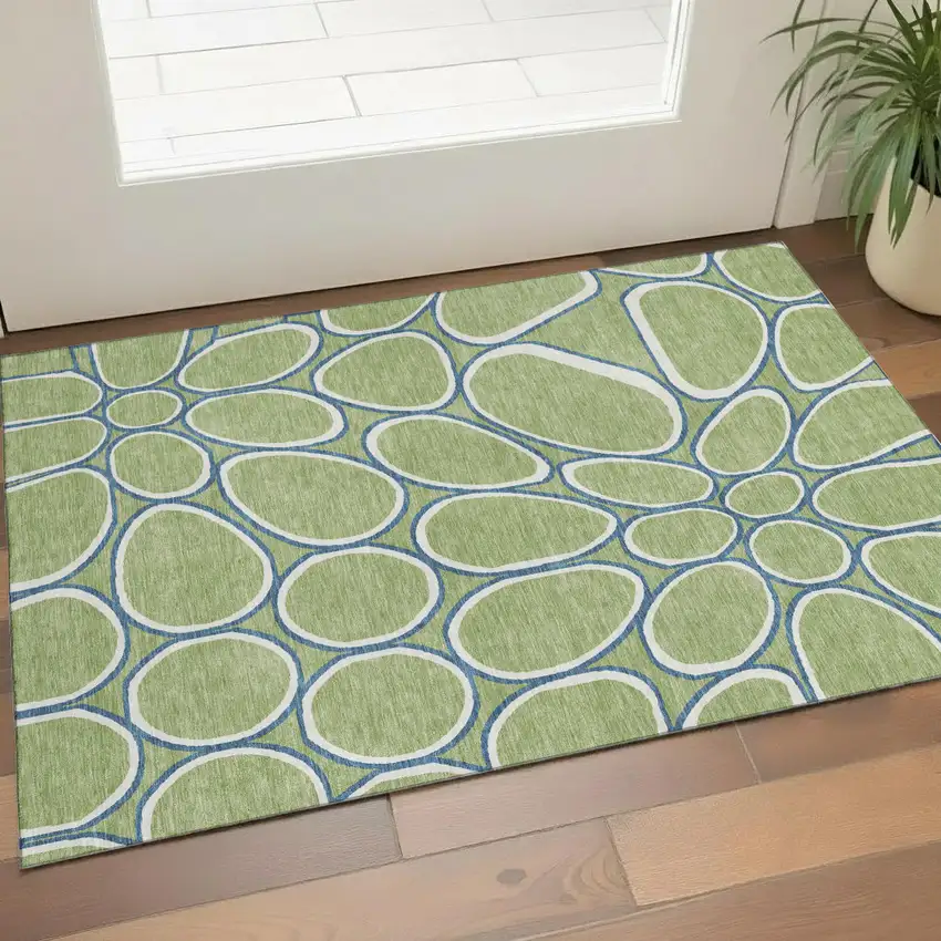 Artichoke Green Ivory And Blue Geometric Washable Area Rug With UV Protection Photo 1
