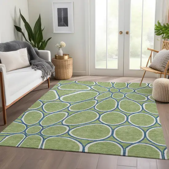 Artichoke Green Ivory And Blue Geometric Washable Area Rug With UV Protection Photo 6