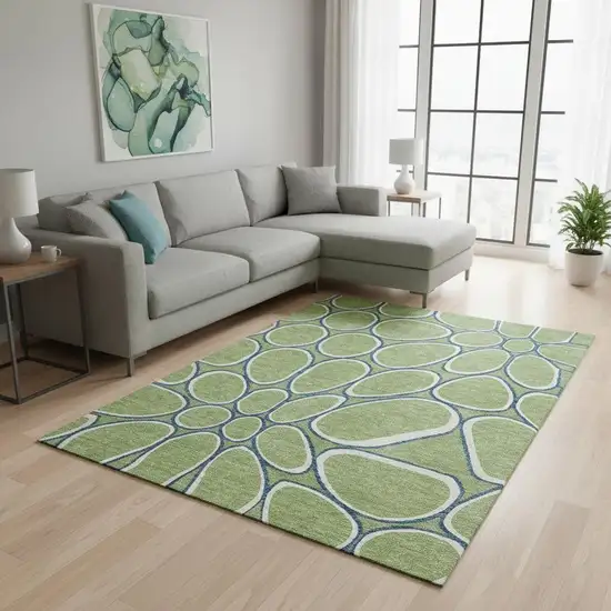 Artichoke Green Ivory And Blue Geometric Washable Area Rug With UV Protection Photo 2