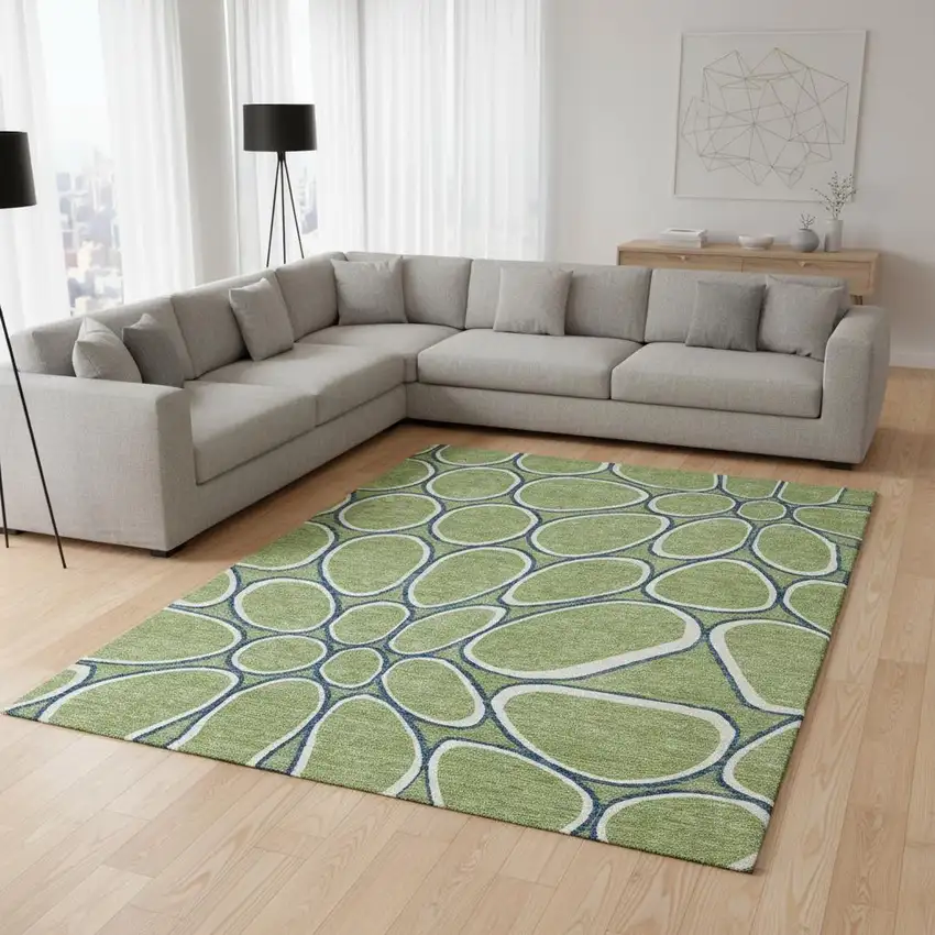 Artichoke Green Ivory And Blue Geometric Washable Area Rug With UV Protection Photo 2
