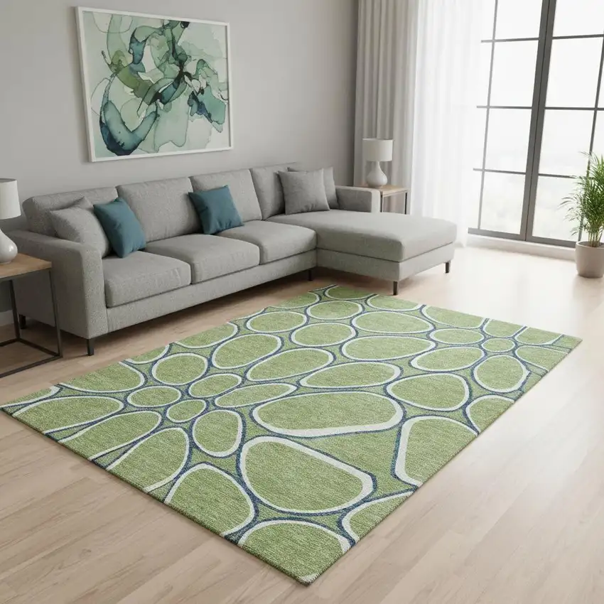Artichoke Green Ivory And Blue Geometric Washable Area Rug With UV Protection Photo 2
