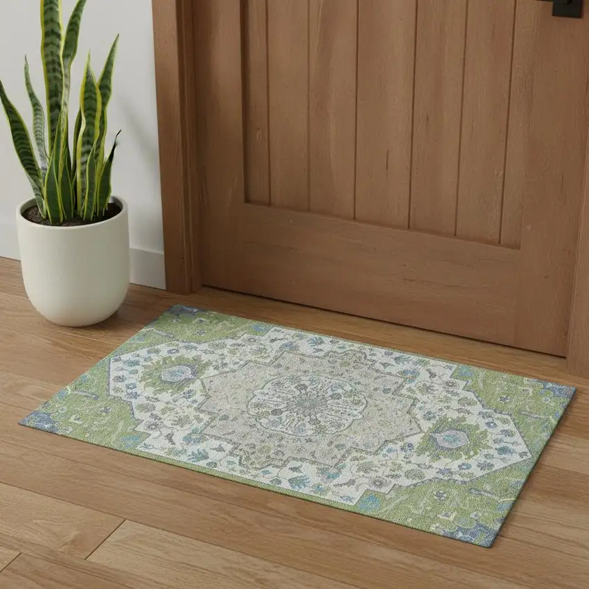 Artichoke Green Ivory And Blue Oriental Washable Area Rug With UV Protection Photo 1