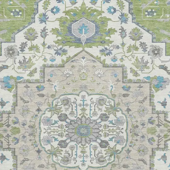 Artichoke Green Ivory And Blue Oriental Washable Area Rug With UV Protection Photo 2