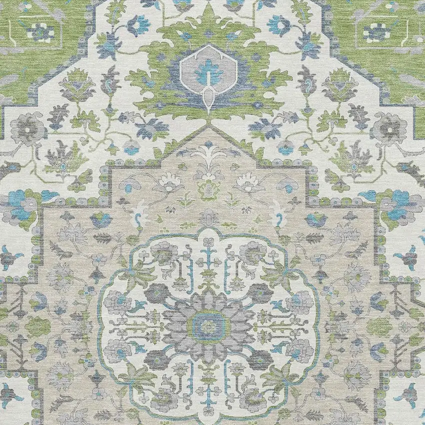 Artichoke Green Ivory And Blue Oriental Washable Area Rug With UV Protection Photo 2