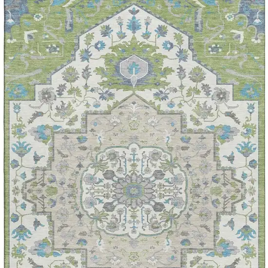 Artichoke Green Ivory And Blue Oriental Washable Area Rug With UV Protection Photo 3
