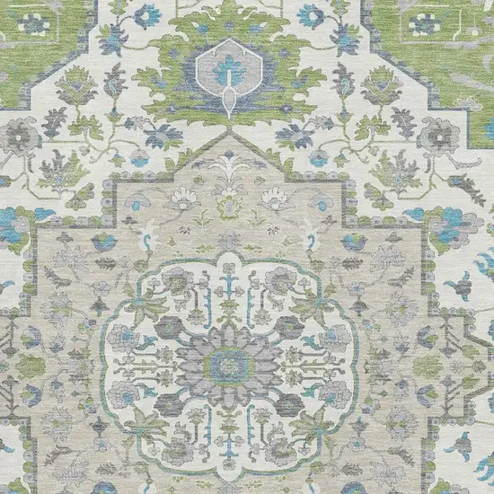 Artichoke Green Ivory And Blue Oriental Washable Area Rug With UV Protection Photo 2