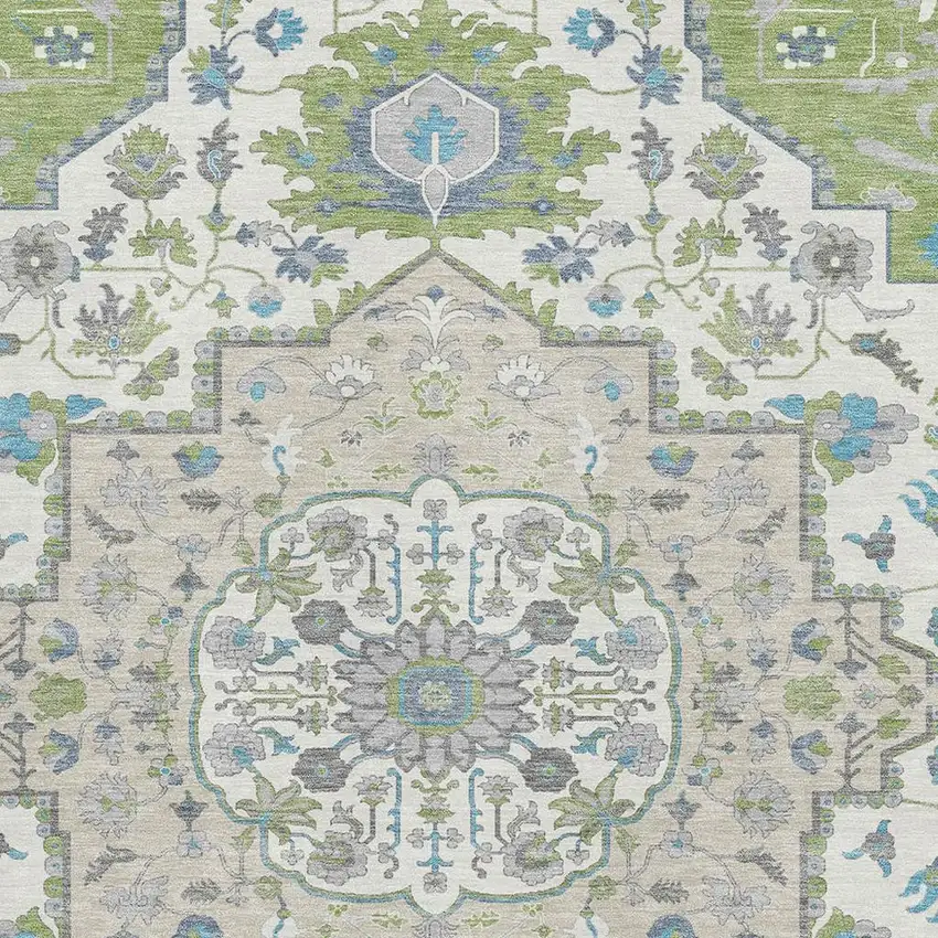 Artichoke Green Ivory And Blue Oriental Washable Area Rug With UV Protection Photo 2