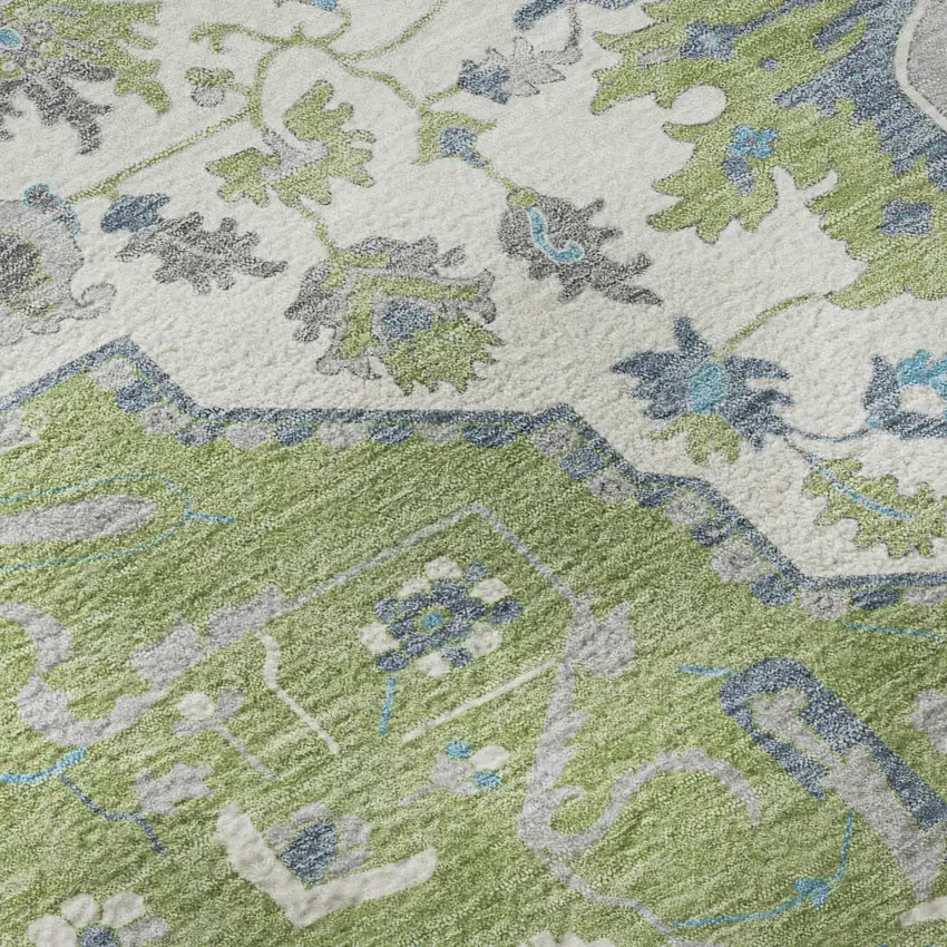 Artichoke Green Ivory And Blue Oriental Washable Area Rug With UV Protection Photo 9