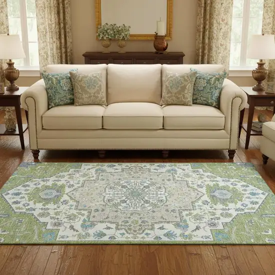 Artichoke Green Ivory And Blue Oriental Washable Area Rug With UV Protection Photo 2