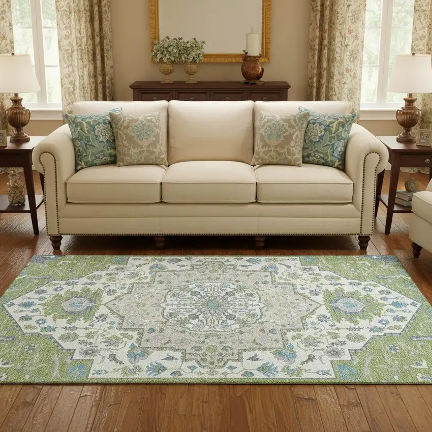 Artichoke Green Ivory And Blue Oriental Washable Area Rug With UV Protection Photo 2