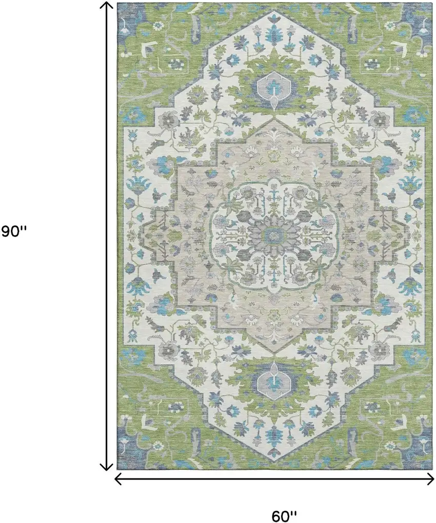 Artichoke Green Ivory And Blue Oriental Washable Area Rug With UV Protection Photo 8
