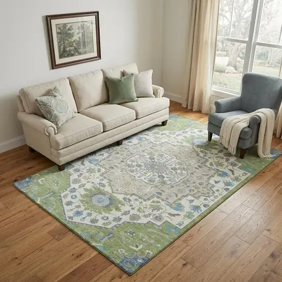 Artichoke Green Ivory And Blue Oriental Washable Area Rug With UV Protection Photo 1