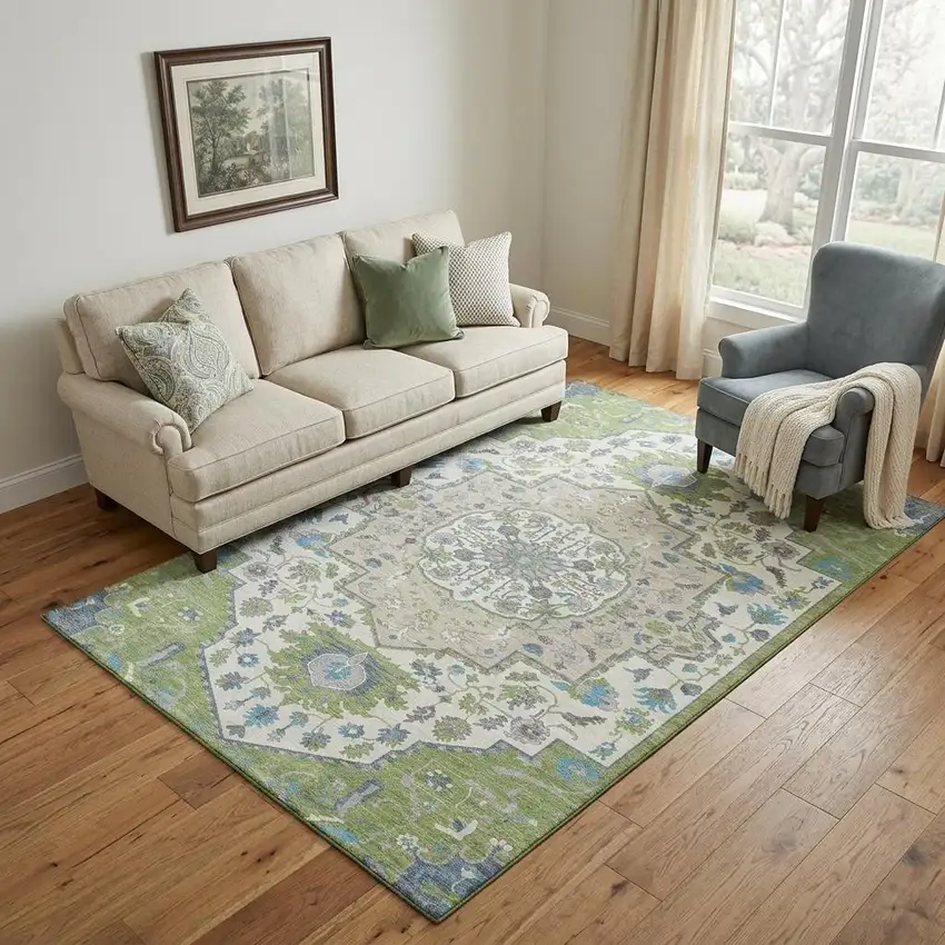 Artichoke Green Ivory And Blue Oriental Washable Area Rug With UV Protection Photo 1