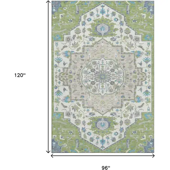 Artichoke Green Ivory And Blue Oriental Washable Area Rug With UV Protection Photo 7