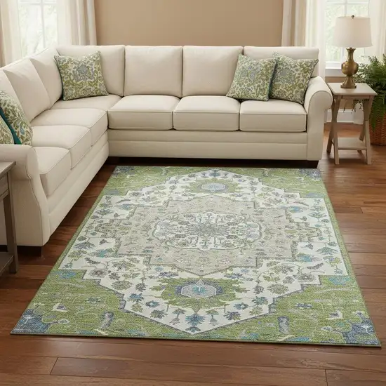 Artichoke Green Ivory And Blue Oriental Washable Area Rug With UV Protection Photo 2