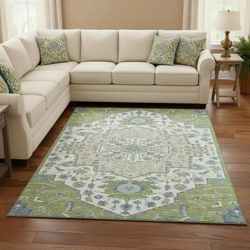 Artichoke Green Ivory And Blue Oriental Washable Area Rug With UV Protection Photo 2